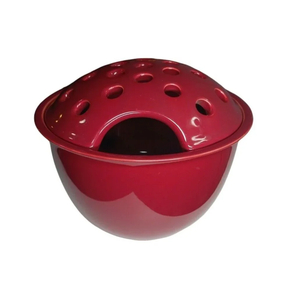 Flower Floral Glazed Ceramic Plant Pot with Frog Lid Burgundy / Maroon Vase Bowl